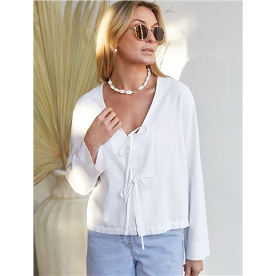 Укороченная свободная блузка с завязками и с V-вырезом изо льна с вискозой