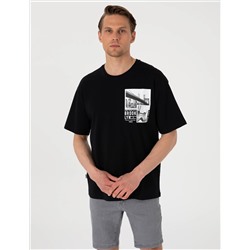 Siyah Comfort Fit Bisiklet Yaka Tişört