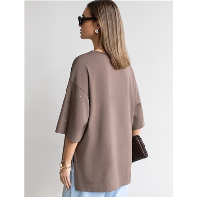 Футболка оверсайз с принтом стразами из премиального хлопка