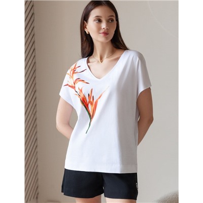 Свободная футболка с V-вырезом и цельнокроеным рукавом из 100% хлопка с принтом