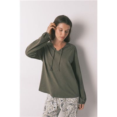 Camiseta manga larga algodón frunce verde