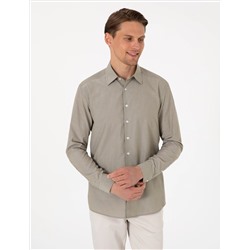 Haki Slim Fit Çizgili Uzun Kollu Gömlek