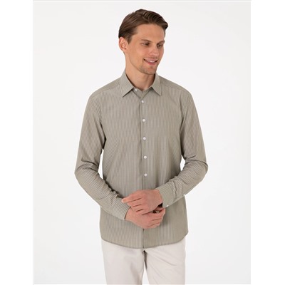 Haki Slim Fit Çizgili Uzun Kollu Gömlek