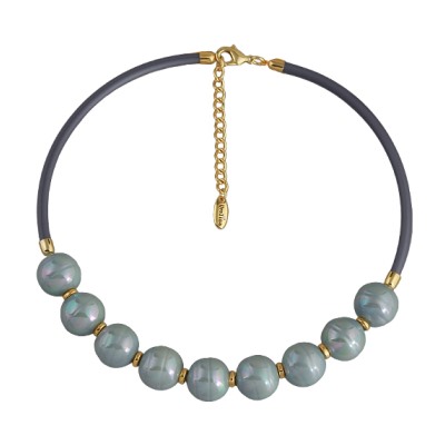 Колье Гевея (Майорка 16мм голубая, каучук серый; покрытие золото) 45-50см, Есть комплект