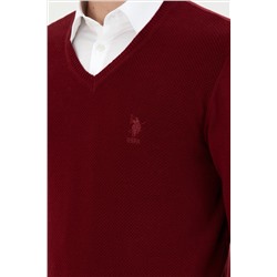 Erkek Slim Fit V Yaka Bordo Basic Kazak
