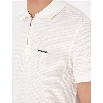 Ekru Slim Fit Örme Dokulu Polo Yaka Tişört