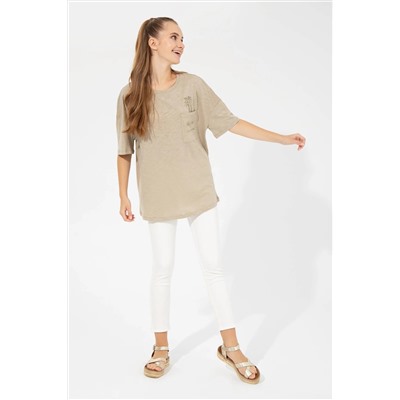 Kadın Haki Bisiklet Yaka Oversize Tişört