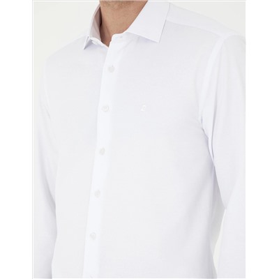 Beyaz Slim Fit Armürlü Uzun Kollu Gömlek