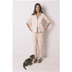 Pijama camisero largo 100% algodón estampado rayas y perritos