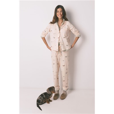 Pijama camisero largo 100% algodón estampado rayas y perritos