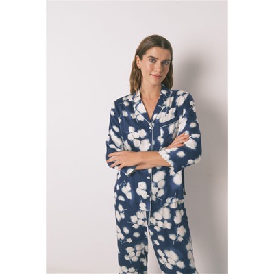 Pijama camisero largo viscosa floral azul