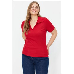 Trendyol Curve Kırmızı Polo Yaka Vücuda Oturan Fitilli Örme Bluz TBBSS22BZ0750