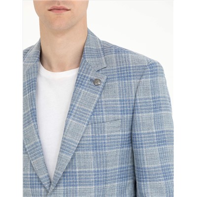 Açık Lacivert Slim Fit Yün Keten Karışımlı Ekose Ceket
