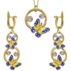 Комплект: кулон, серьги (эмаль желтая, синяя, кристаллы белые; покрытие: золото)