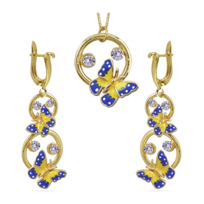 Комплект: кулон, серьги (эмаль желтая, синяя, кристаллы белые; покрытие: золото)