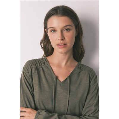 Camiseta manga larga algodón frunce verde