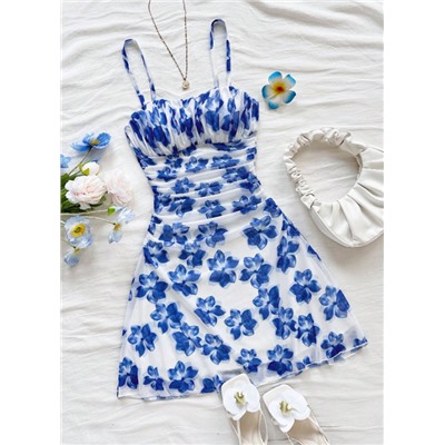 Soleia Women's Summer Vacation Blue & White Floral Mesh Slip Dress Summer Dress Vacation Outfits Women Holiday Dresses For Women Floral Dress Yellow Dress