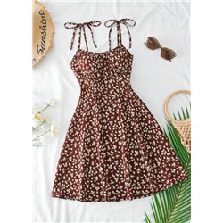 Breezaya Women's Ditsy Floral Ruched Bust Tie-Front Crop Cami Mini Dress