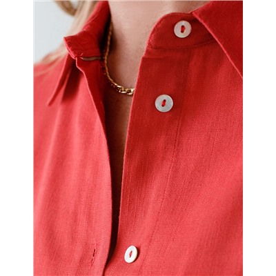 Свободная удлиненная блузка с карманом изо льна с вискозой