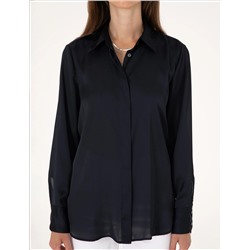 Lacivert Comfort Fit Saten Uzun Kollu Gömlek