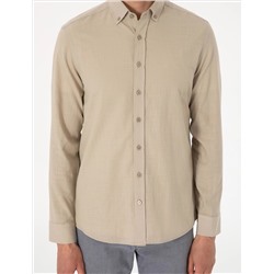 Haki Keten Görünümlü Slim Fit Uzun Kollu Gömlek