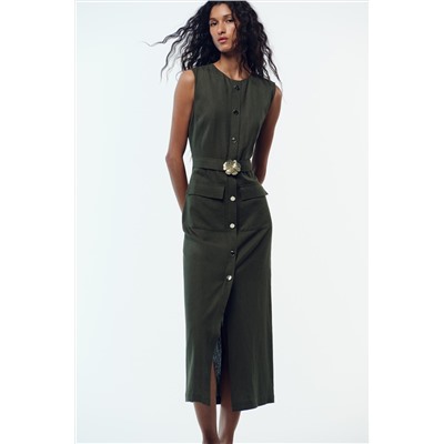 LINEN BLEND MIDI DRESS WITH BELT