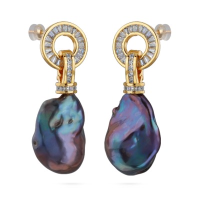 Серьги Барокко (жемчуг бензиновый, белый фианит; покрытие золото), Есть комплект