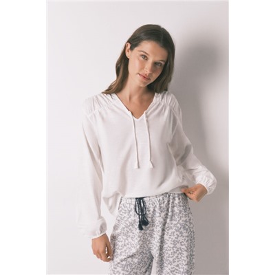 Camiseta manga larga algodón frunce blanco