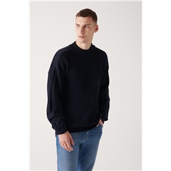 Lacivert Yarım Balıkçı Yaka Cep Detaylı Pamuklu Salaş Triko Kazak