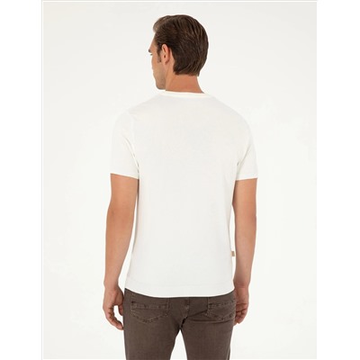 Ekru Slim Fit Bisiklet Yaka Triko Tişört