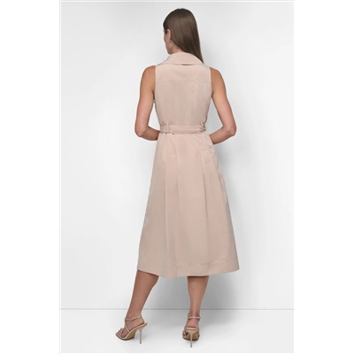 SLEEVELESS TECH COTTON BELTED MIDI DRESS