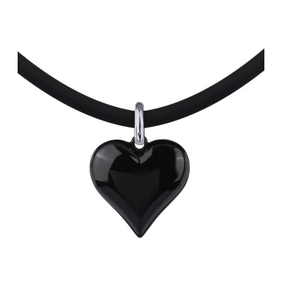 Колье-чокер Сердцебиение (2, 5см, эмаль черная, каучук черный; родий) 47-52см, Есть комплект