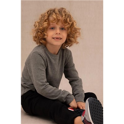 Erkek Çocuk Gri Melanj Basic Bisiklet Yaka Kazak