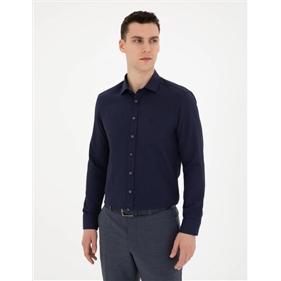 Lacivert Slim Fit Armürlü Uzun Kollu Gömlek