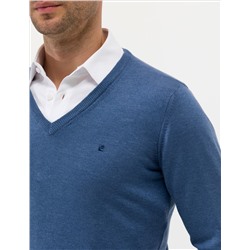 İndigo Melanj Slim Fit V Yaka Basic Triko Kazak