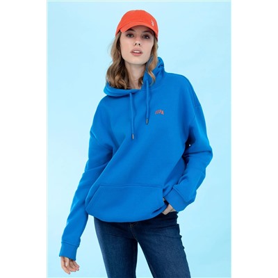 Kobalt Kapüşonlu Oversize Basic Sweatshirt
