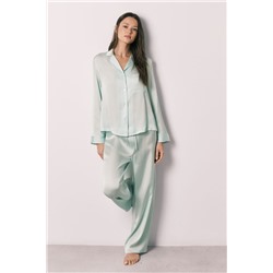 Pijama camisero largo satén verde