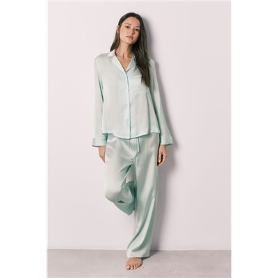 Pijama camisero largo satén verde
