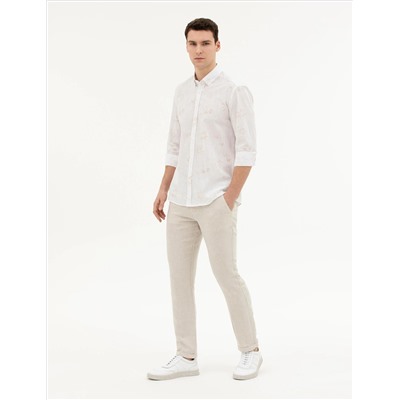 Bej Slim Fit Keten Karışımlı Kanvas Pantolon