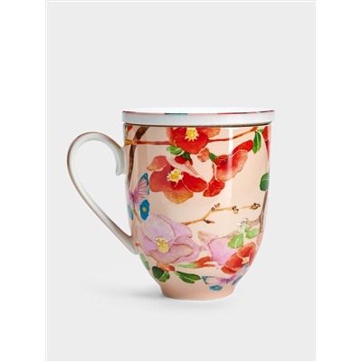 Кружка, 400 мл, с подставкой, Камелии на розовом