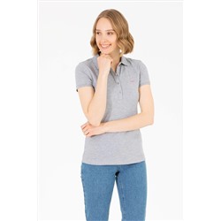 Kadın Gri Melanj Basic Polo Yaka Tişört