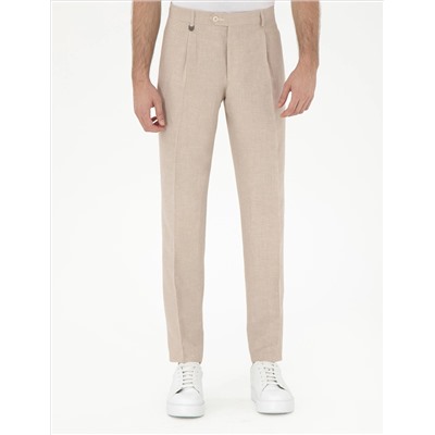 Açık Kahverengi Slim Fit Keten Karışımlı Pileli Pantolon