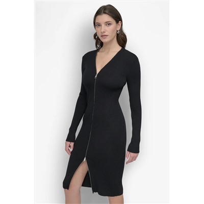 LONG SLEEVE ZIP FRONT SWEATER DRESS