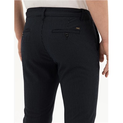 Lacivert Slim Fit Çizgili Kanvas Pantolon