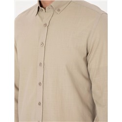 Haki Keten Görünümlü Slim Fit Uzun Kollu Gömlek