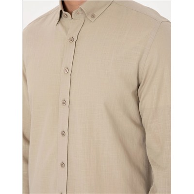 Haki Keten Görünümlü Slim Fit Uzun Kollu Gömlek