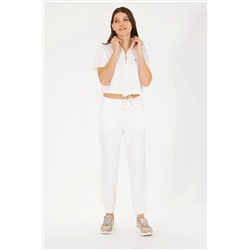 Kadın Ekru V-Yaka Crop Tişört