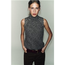 WOOL BLEND TOP WITH RHINESTONE BEADS