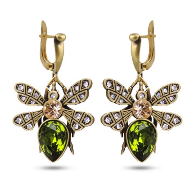 Серьги Мотылек (кристаллы SW зеленые, шампань; покрытие бронза), Есть комплект