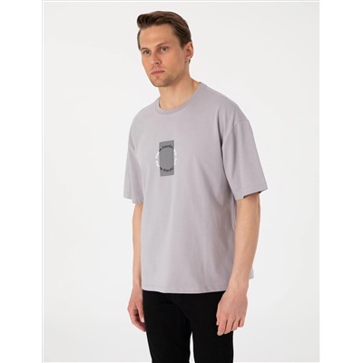 Gri Comfort Fit Bisiklet Yaka Tişört